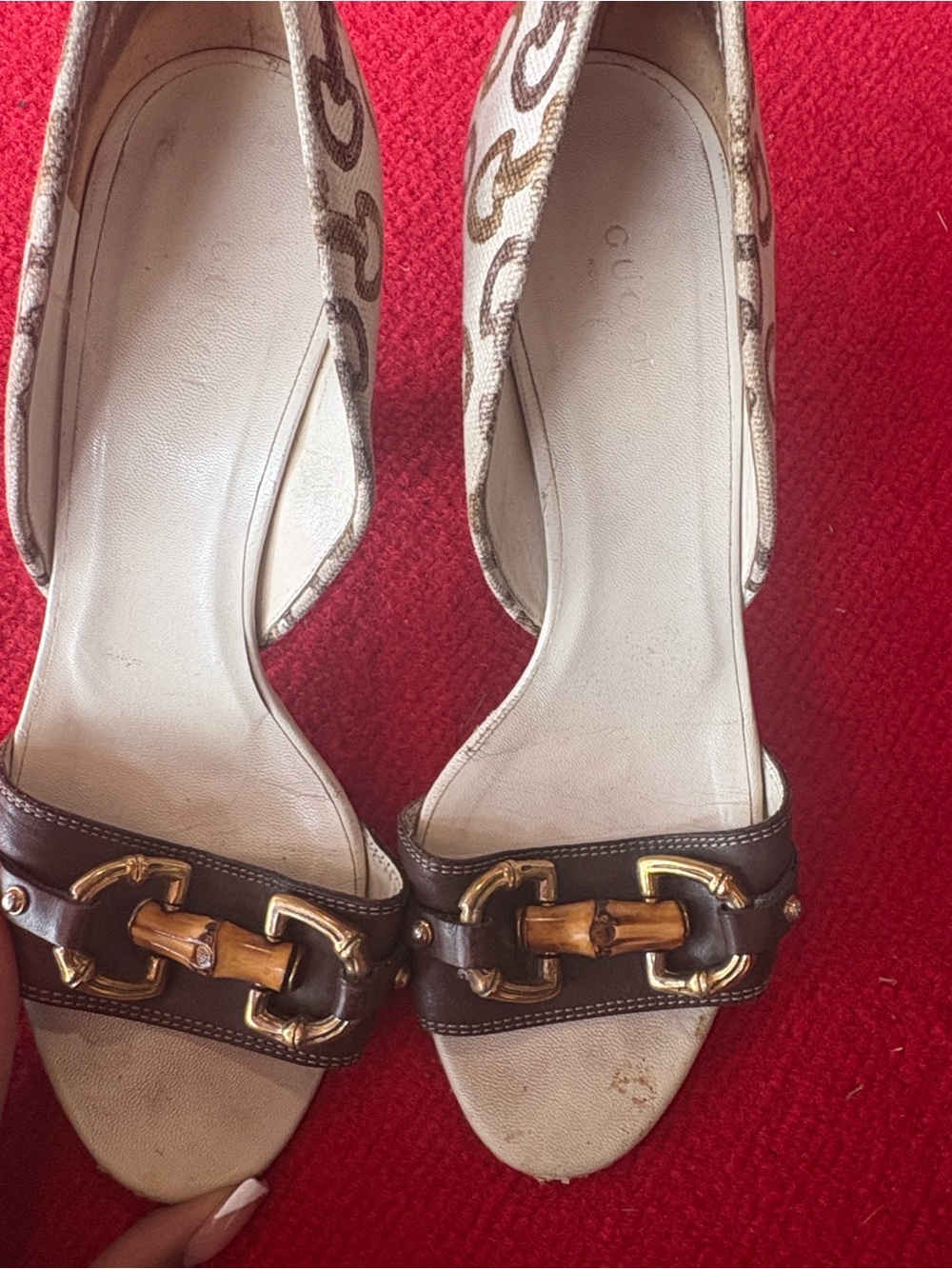 Gucci Brown Leather & Beige Canvas Horsebit D'Orsay Mules